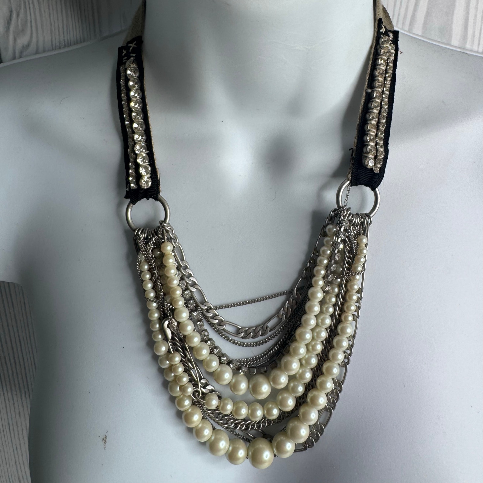 Y2k Juicy Couture Silver Tone Statement Necklace Rhinestones Pearls Retro